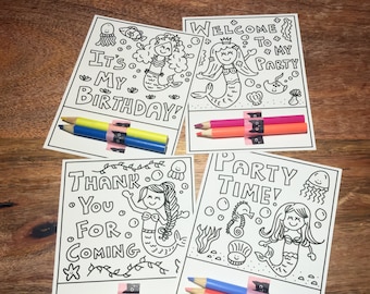 Printable Mermaid Coloring Birthday Party Favor, Coloring Page, DIY Printout, Girls Birthday, Kids Activity, Cute Mermaids