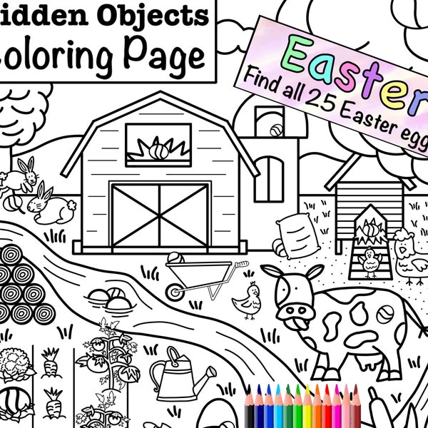 Easter Egg Search Coloring Page, Hidden Objects, Printout Download, Colouring Page, Find and Color, Easter Egg Hunt, Farm Animals, Doodle