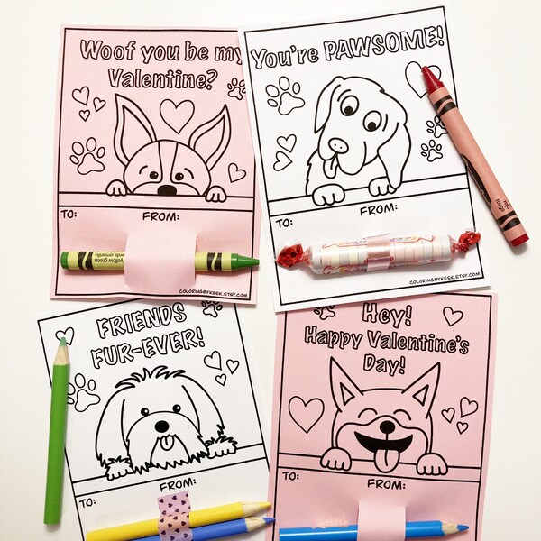 Cute Canine Printable Valentine Cards, 4 Different Dogs, DIY Valentines, Printout, PDF and PNG Instant Download