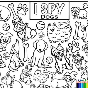 I Spy Dogs Coloring Page, Printout Download, Colouring, Search and Count Activity for Kids, Cute Dog Doodles, Cartoons, Different Dog Breeds