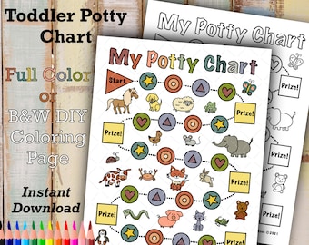 Printable Toddler Potty Chart, Reward for Potty Training, Full Color Sticker Chart or B&W Coloring Page, Toilet Training Prize Printout