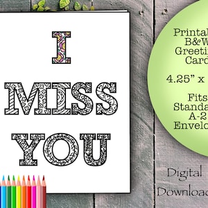 Printable “I Miss You” Greeting Card, Floral Design, Coloring Page, Printout Download, Send to ...