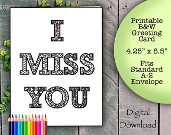 Printable “I Miss You” Greeting Card, Floral Design, Coloring Page, Printout Download, Send to Family & Friends in Quarantine, Snail Mail