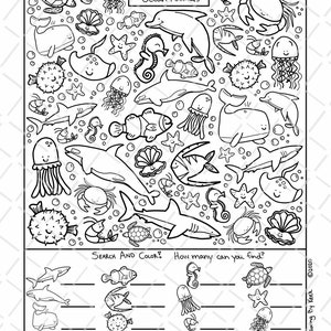 I Spy Ocean Animals Coloring Page, Printable Download, Colouring Page, Kids Search Activity Printout, Cute Cartoons, Sea Creature Doodles image 2