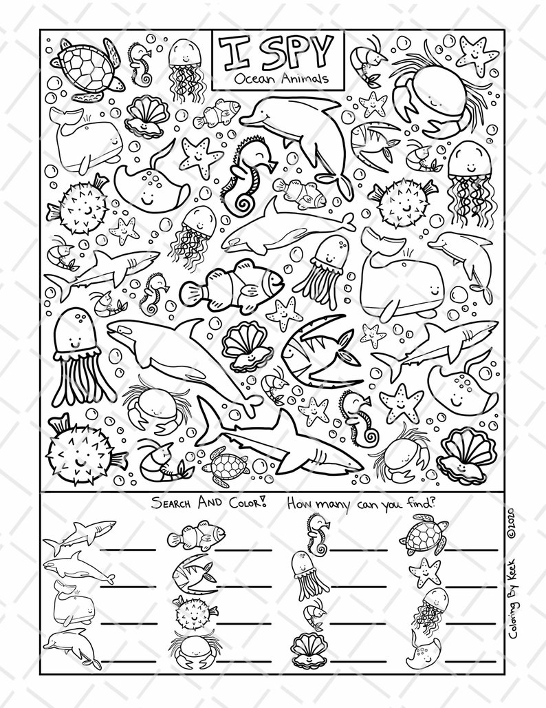 I Spy Ocean Animals Coloring Page, Printable Download, Colouring Page, Kids Search Activity Printout, Cute Cartoons, Sea Creature Doodles image 2