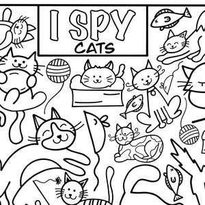 I Spy Cats Coloring Page, Printout Instant Download, Search and Count Activity for Kids, Cute Cat and Kitten Doodles