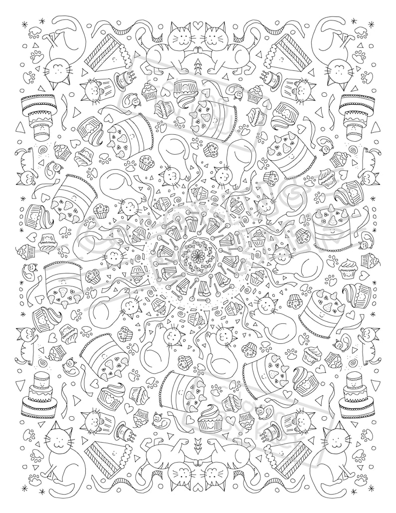 Mandala Coloring Page, Cats and Cakes, Adult Coloring, Relaxation, Cute ...