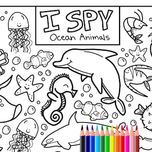 I Spy Ocean Animals Coloring Page, Printable Download, Colouring Page, Kids Search Activity Printout, Cute Cartoons, Sea Creature Doodles