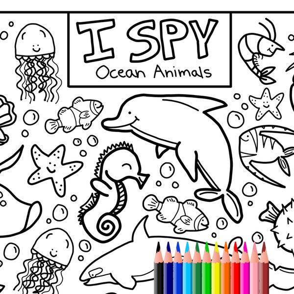 I Spy Ocean Animals Coloring Page, Printable Download, Colouring Page, Kids Search Activity Printout, Cute Cartoons, Sea Creature Doodles