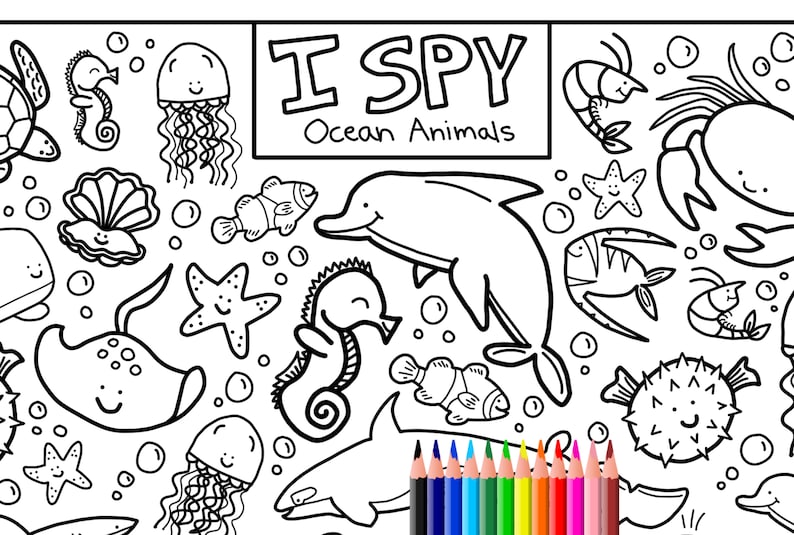 I Spy Ocean Animals Coloring Page, Printable Download, Colouring Page, Kids Search Activity Printout, Cute Cartoons, Sea Creature Doodles image 1