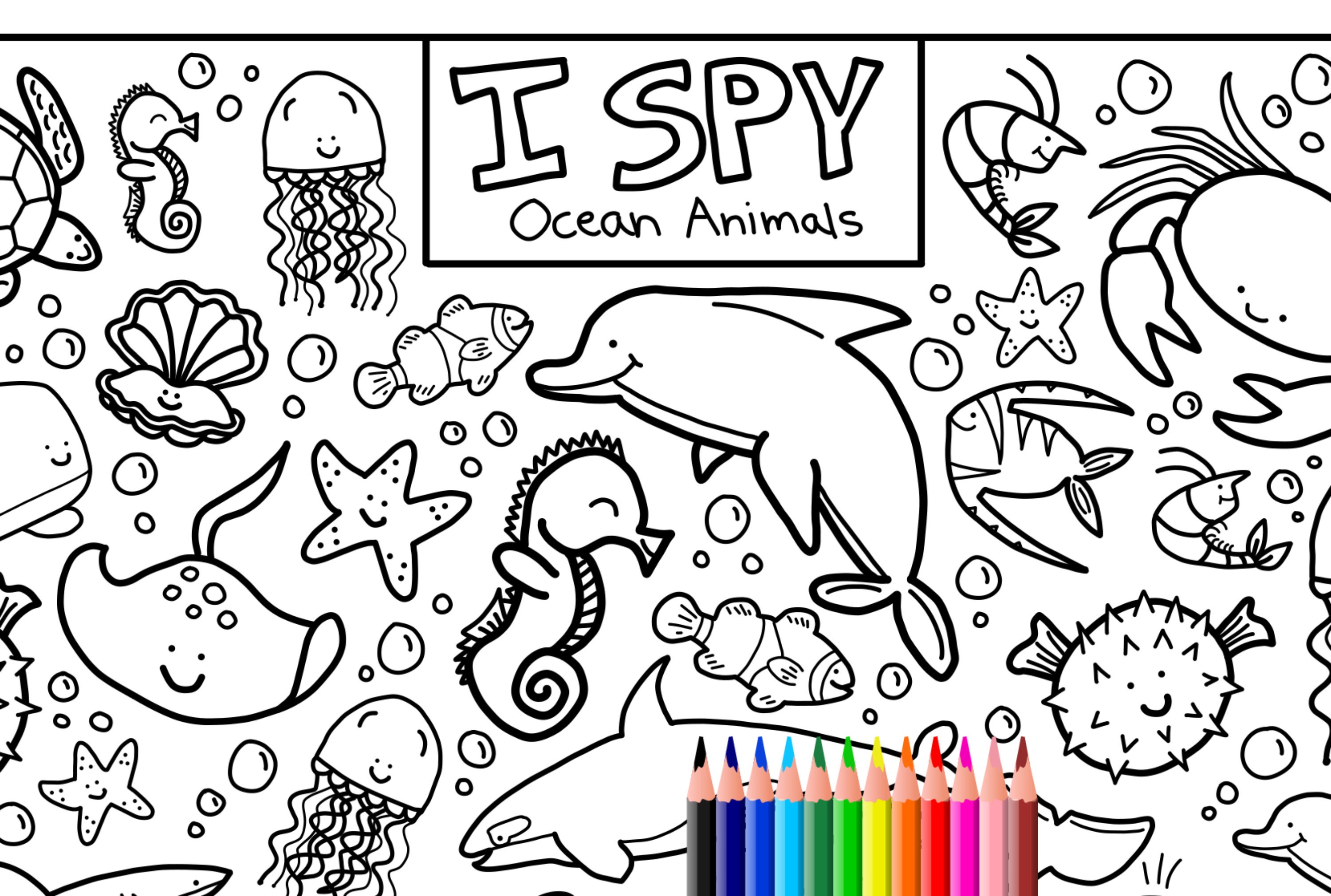 I Spy Ocean Animals Coloring Page, Printable Download, Colouring Page, Kids  Search Activity Printout, Cute Cartoons, Sea Creature Doodles