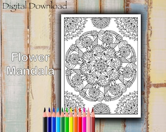Flower Mandala Coloring Page, Instant Download, Printout, Adult Coloring, Floral Design, Relaxing Activity to Reduce Stress