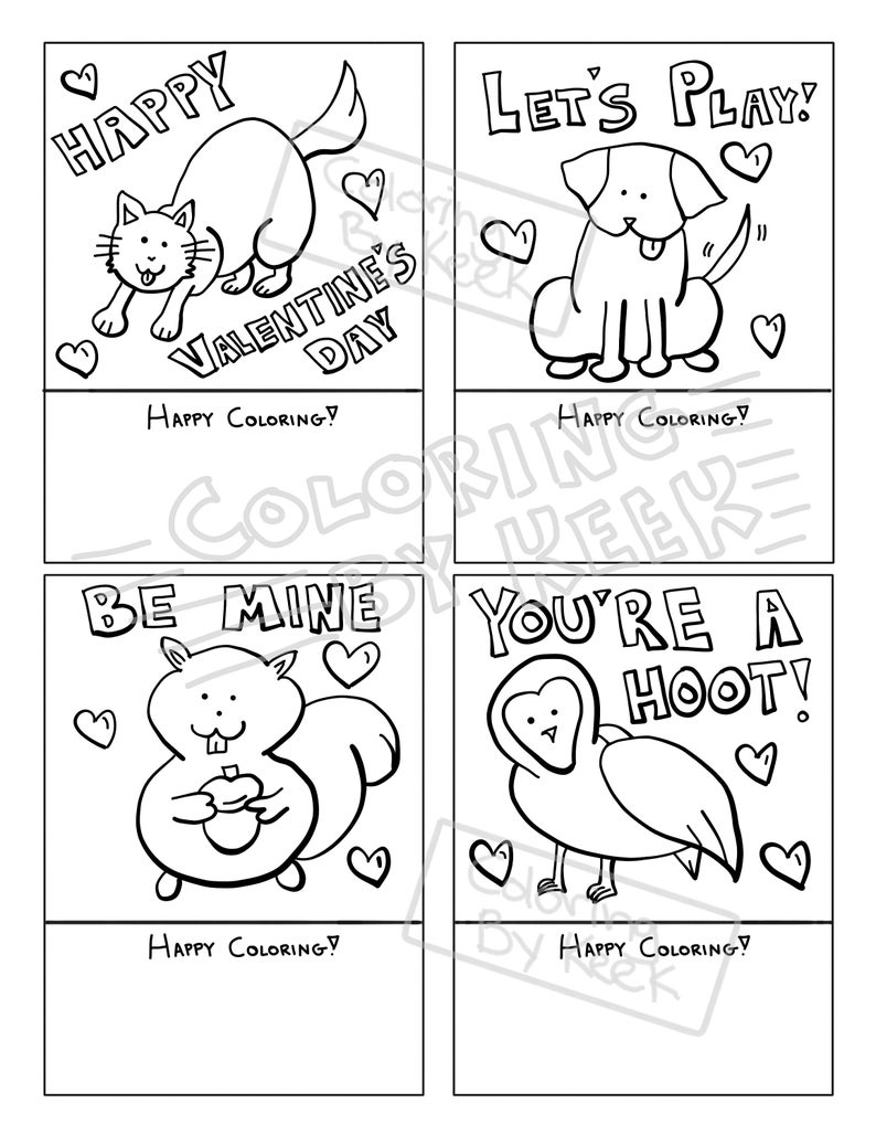 Printable Coloring Valentines / Cute Animal / Digital Download / DIY ...