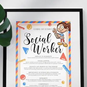 Puede incluir: Un póster colorido con una ilustración de dibujos animados de un trabajador social. El póster describe el código de ética para los trabajadores sociales, incluyendo el servicio a la humanidad, la justicia social, la dignidad y el valor de la persona, la importancia de las relaciones humanas, la integridad y la competencia.