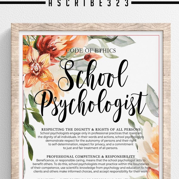 School Psychologist Code of Ethics, Psychologist Poster, Wall Art, Psychologist Office, Gift for Psychologist, Printable Sign, High Quality