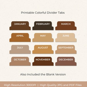 Coffee Palette Printable Monthly Tabs, Colorful Divider Tabs, Calendar Tabs, Journal Tabs Download, Planner Supplies, Neutral, Planner Tabs