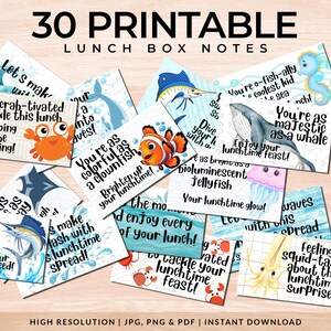 Meerestiere Lunch Box Notizen - 30er Set | Druckbare Lunchbox Notizen | Positive Affirmation, Motivation, Spaß, Liebe ... Notizen | JPG, PNG & PDF