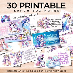 Einhörner Lunch Box Notizen - 30er Set | Druckbare Lunchbox Notizen | Positive Affirmation, Motivation, Spaß, Liebe ... Notizen | JPG, PNG & PDF
