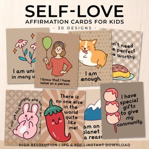 Tarjetas imprimibles de afirmación de amor propio para niños - Juego de 30 / Tarjetas de afirmación positiva / Tarjetas de atención plena / Salud mental / JPG y PDF