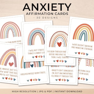 Conjunto de 30 ansiedades - Tarjetas imprimibles de afirmación / Amor propio / Tarjetas de afirmación positiva / Tarjetas de atención plena / Salud mental / JPG y PDF