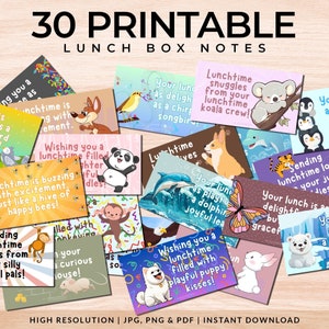 Tiere Lunch Box Notizen - 30er Set | Druckbare Lunchbox Notizen | Positive Affirmation, Motivation, Spaß, Liebe ... Notizen | JPG, PNG & PDF