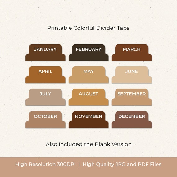 Coffee Palette Printable Monthly Tabs Colorful Divider Tabs | Etsy