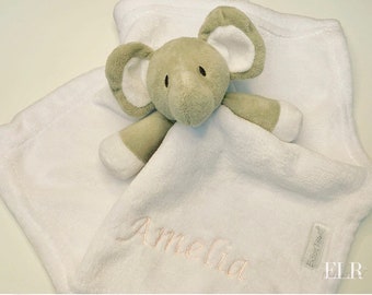 Personalised elephant baby comforter, elephant baby taggy