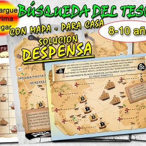 Búsqueda del tesoro con mapa en casa solución despensa 8-10 años, búsqueda del tesoro a imprimir, acertijos para niños, PDF