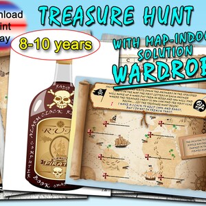 Kids Treasure Hunt, Speurtocht met kaart, verjaardagsspellen, pdf speurtocht om af te drukken, raadsels, aanwijzingen afdrukbaar