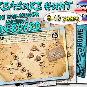 Kids Treasure Hunt, Scavenger hunt with map, birthdays games, pdf treasure hunt to print, riddles, clues printable