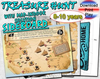 Kids Treasure Hunt, Scavenger hunt with map, birthdays games, pdf treasure hunt to print, riddles, clues printable