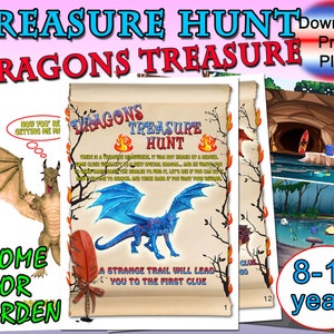 Outdoor-Indoor Kids Treasure hunt, Dragons Treasure, clues to print, birthdays games, pdf kids treasure hunt to print, clues printable