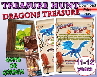 Outdoor-Indoor Kinder Schatzsuche, Drachen Schatz, Hinweise zum Ausdrucken, Geburtstagsspiele, pdf Kinder Schatzsuche zum Ausdrucken, Hinweise zum Ausdrucken