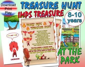 Outdoor-Park Kids Treasure hunt, Little Imps Treasure, clues to print, birthdays games, pdf treasure hunt, kids riddles, clues printable