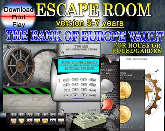 Kids Escape room, The Bank of Europe vault ages 5-7 years, Mystery games, birthdays games, pdf kids escape room to print, clues printable