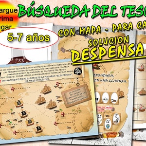 Búsqueda del tesoro con mapa en casa solución despensa 5-7 años, búsqueda del tesoro a imprimir, acertijos para niños, PDF