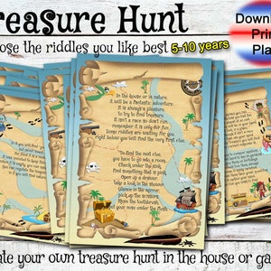 Kids Treasure hunt, clues to print, birthdays games, pdf kids treasure hunt to print, kids riddles, clues printable
