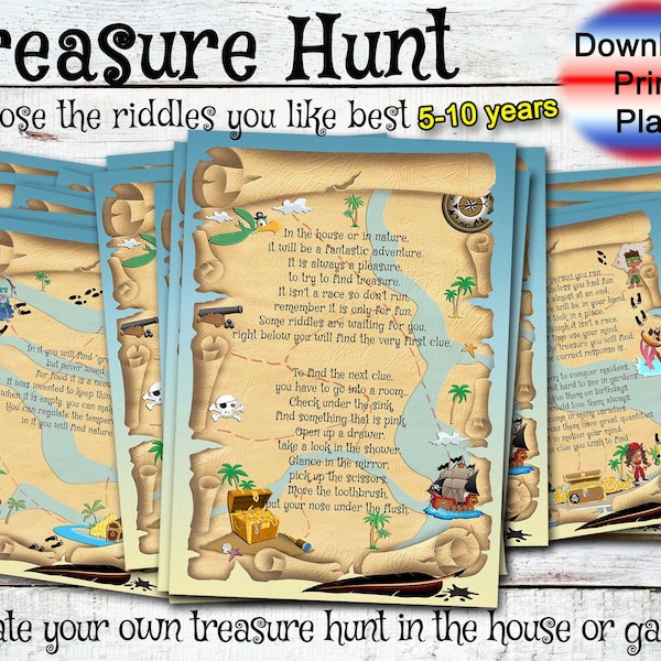 Kids Treasure hunt, clues to print, birthdays games, pdf kids treasure hunt to print, kids riddles, clues printable