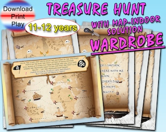 Kids Treasure Hunt, Scavenger hunt with map, birthdays games, pdf treasure hunt to print, riddles, clues printable