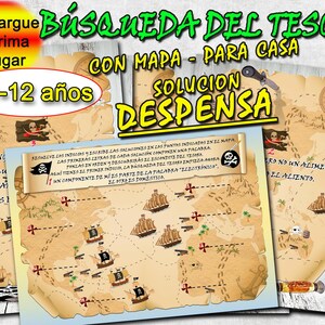 Búsqueda del tesoro con mapa en casa solución despensa 11-12 años, búsqueda del tesoro a imprimir, acertijos para niños, PDF