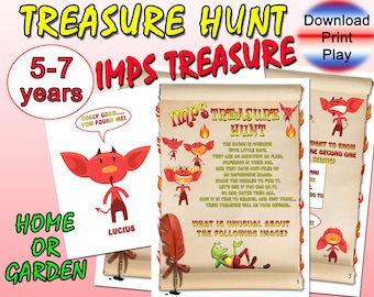 Outdoor-Indoor Kinder Schatzsuche, Kleine Imps Schatz, Hinweise zum Ausdrucken, Geburtstagsspiele, pdf Kinder Schatzsuche zum Ausdrucken, Hinweise zum Ausdrucken
