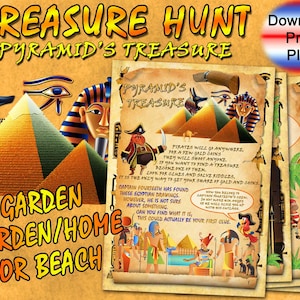 Outdoor Kids Treasure hunt, Piramid Treasure, clues to print, birthdays games, pdf outdoor treasure hunt, kids outdoor clues,