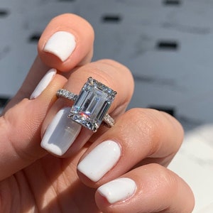 3tcw Lab Diamond Ring - Engagement Ring - Simulated diamond ring-Full White Emerald Cut Solitaire 14K White Gold Over Wedding Ring Jewelry
