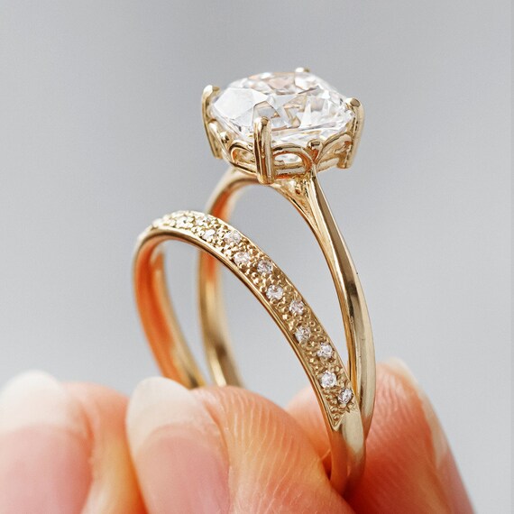 Cushion Cut Moissanite Engagement Ring Set 14K Yellow Gold Etsy