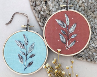 Leaf Branch - Botanical Embroidery - Nature Embroidery - Hand Embroidery - Wall Decor - Hanging Wall Decor - Ornament - Christmas Ornament