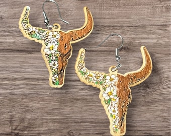 Women's Western Longhorn Earrings, Steer head, Western Engraved Wooden Earrings