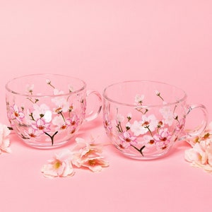Flower Glass Cup Cherry Blossom Coffee Mugs Pink Mugs for Her Tea Cups for Coffee Cups For Her Tumbler Cups  Cute Cup For Latte Cup For Her