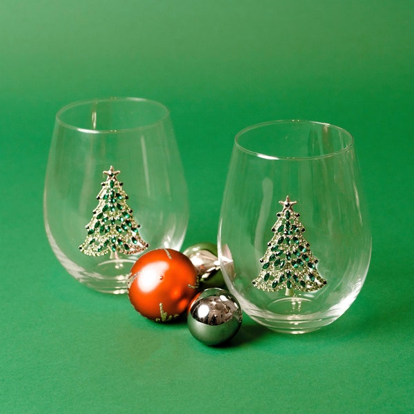 Winter Tree Design Stemmed Wine Glasses Set Of 2, 17.5oz Elegant Red Green Yellow Silver Drinkware, Decorative Glassware For Party Wedding Entertaining Table Display - View #3