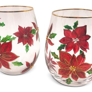 Christmas Poinsettia Wine Glass Cute Wine Glass Painted Christmas Wine Glasses Etched Wine Glass Wine lover gift Christmas Tumbler Wine Rack