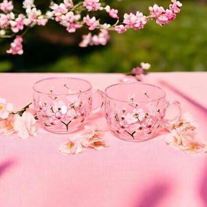 Cherry Blossom Tea Cups Pink Cups Flower Tea Cup Pink Mugs for Her Tea Cups for Coffee Cups Cute Cup Glass Tea Cup Mothers Day Gift For Mom